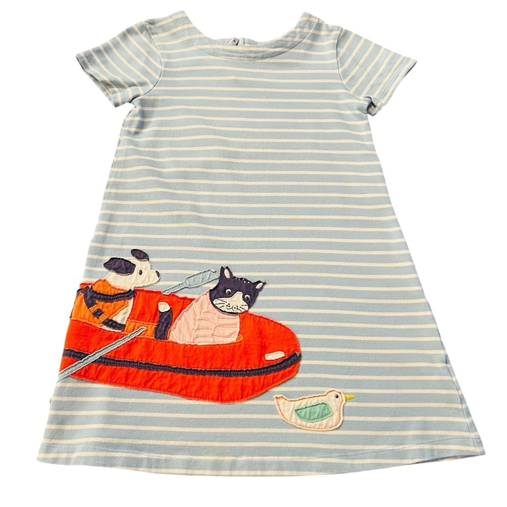 Mini Boden Blue and White Striped Dress With Animals Size 6-7Y